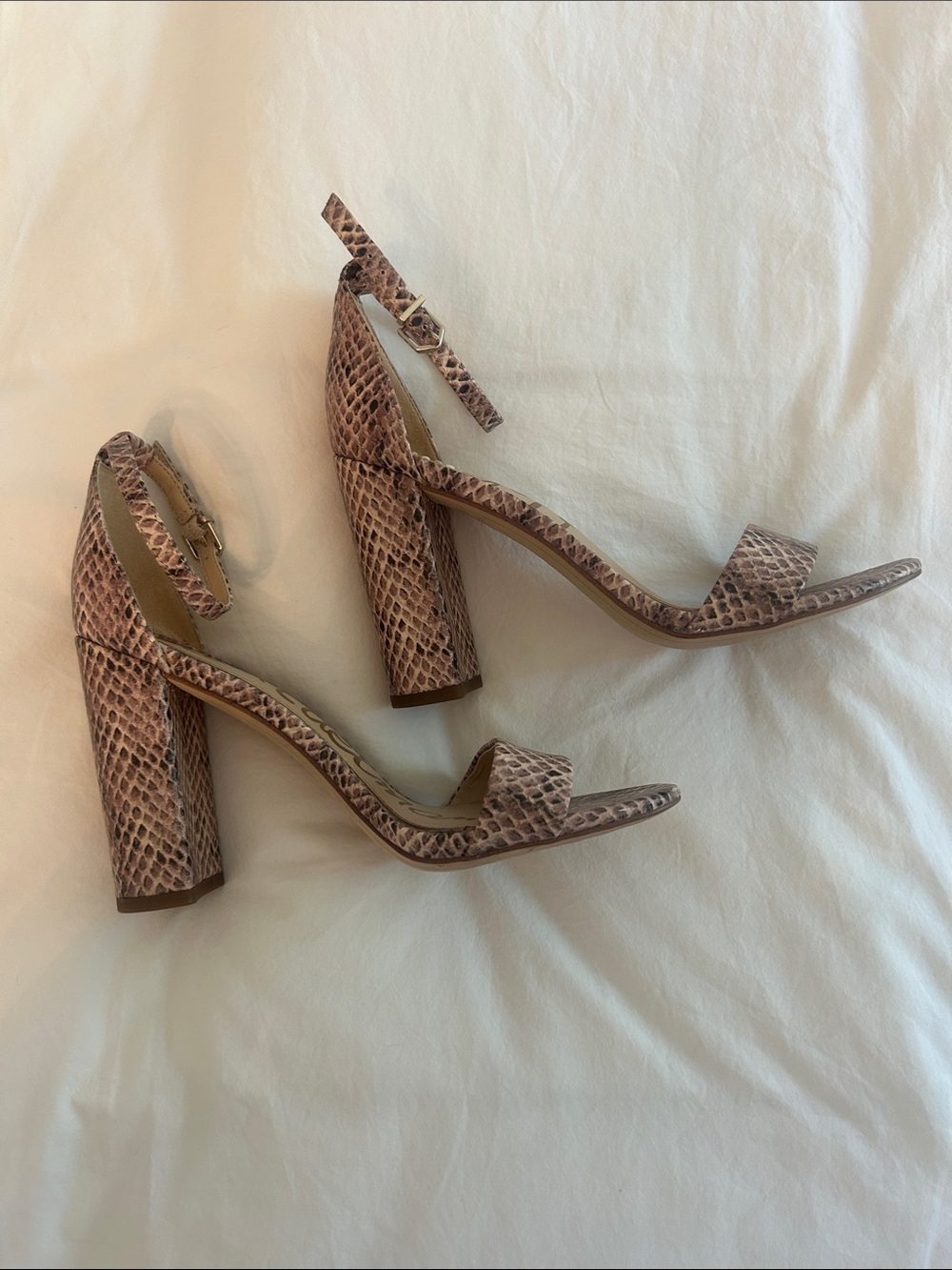Sam Edelman Taupe Snake-Print Ankle-Strap Block Heels - Picture 3 of 4